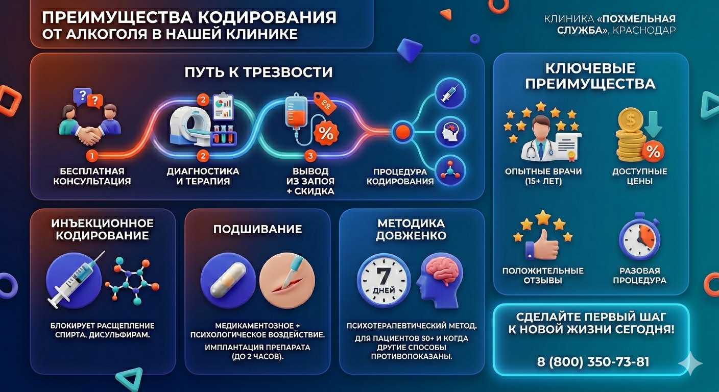 Инфографика о методах кодирования от алкоголя в Новополоцке: инъекции, подшивание, метод Довженко. Преимущества клиники и этапы лечения.