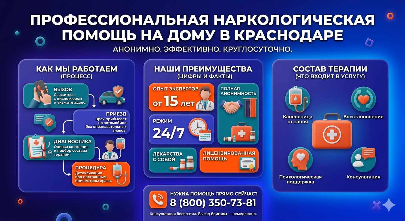 Инфографика о принципах лечения алкоголизма на дому в Новополоцке: этапы вызова нарколога, преимущества анонимной детоксикации и состав медицинской помощи.